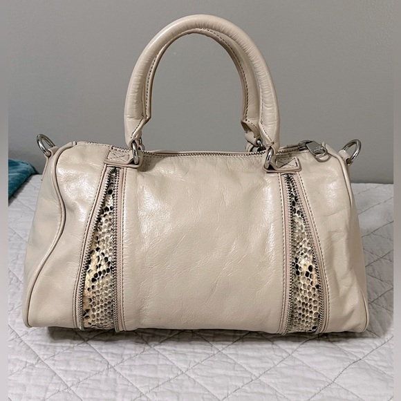Vintage Badgely Mischa Crème Leather Boston Bag Satchel Expandable Snakeskin - Picture 1 of 10